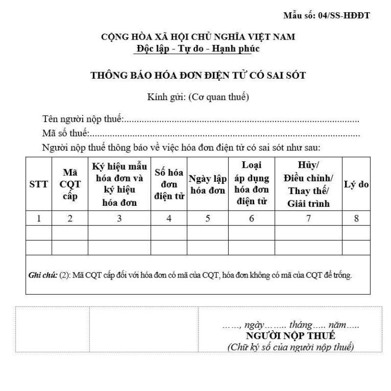 Mẫu 04 ss hđđt sai tiền thuế